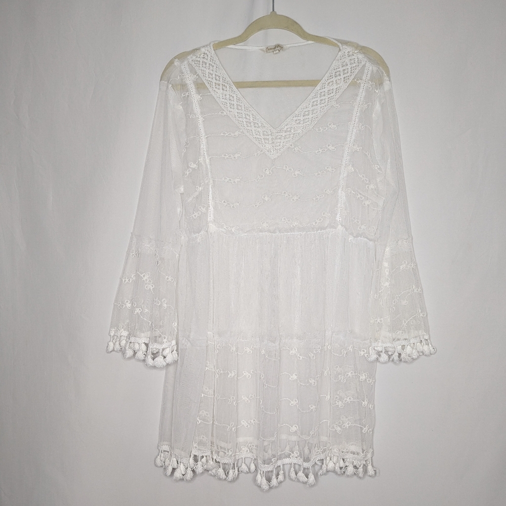 Crescent Bay Women's White Lace Fringe Boho Swim Cover Up Size L